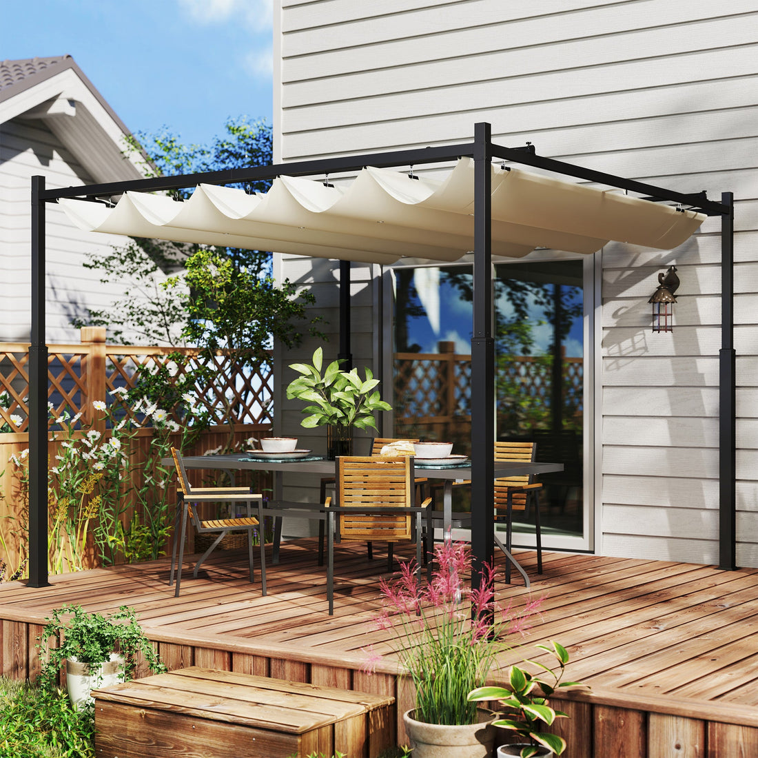 3 x 3(m) Metal Pergola with Retractable Roof and Magnetic Fixture, Outdoor Gazebo Garden Pergola Kit Sun Shade Canopy, UPF30+, 80mm Metal Column, Cream White