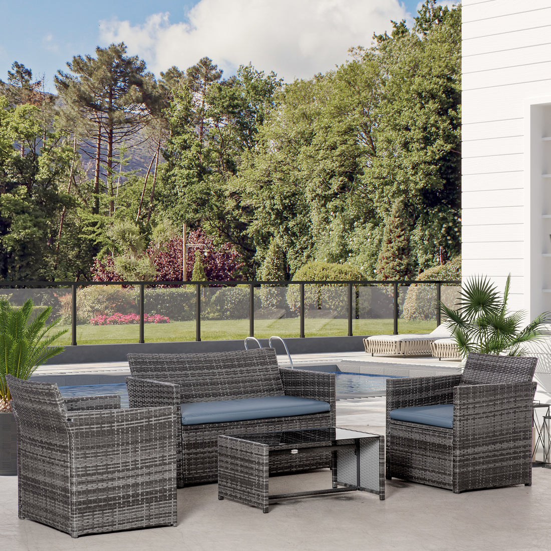 4 Pieces PE Rattan Garden Sofa Set with Cushions, Outdoor Patio Wicker Weave Conservatory Furniture Set with a Loveseat, 2 Armchairs and a Glass Top Coffee Table, Grey