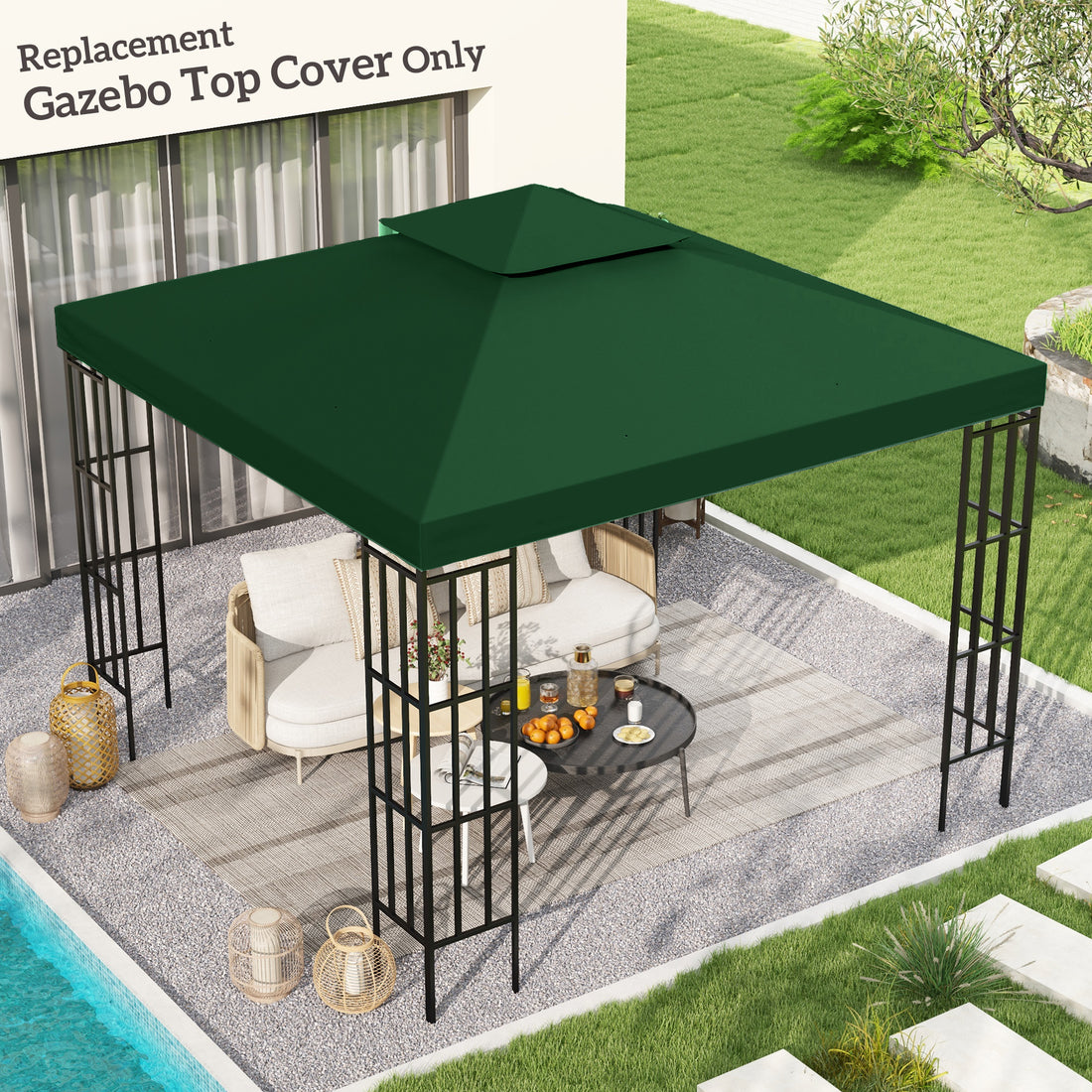 3(m) Gazebo Top Cover Double Tier Canopy Replacement Pavilion Roof Dark Green