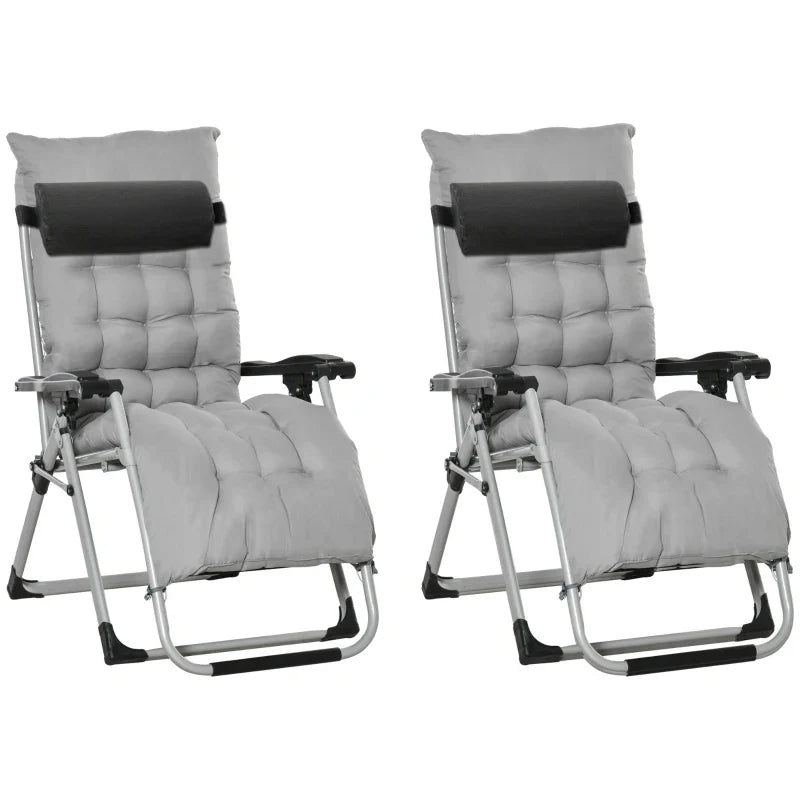 2pc Reclining Zero Gravity Sun Loungers ,Folding Chaise Lounge Chair with Cushions, Light Grey