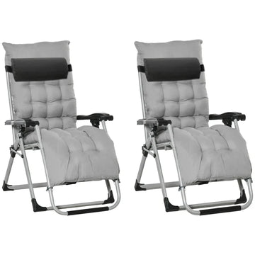 2pc Reclining Zero Gravity Sun Loungers ,Folding Chaise Lounge Chair with Cushions, Light Grey