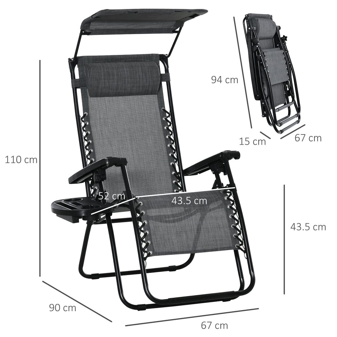 Foldable Reclining Garden Chair with Headrest, Zero Gravity Deck Sun Lounger Seat Chair with Footrest, Armrest, Cup Holder & Canopy Shade, Light Grey