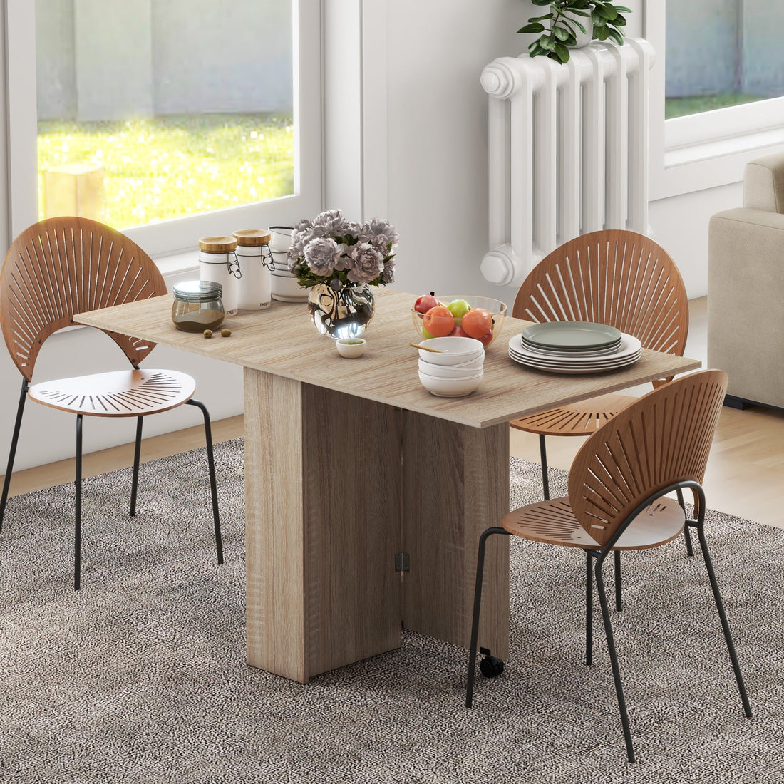 Folding Dining Table, Drop Leaf Table for Small Spaces with 2-tier Shelves, Small Kitchen Table with Rolling Casters, Natural