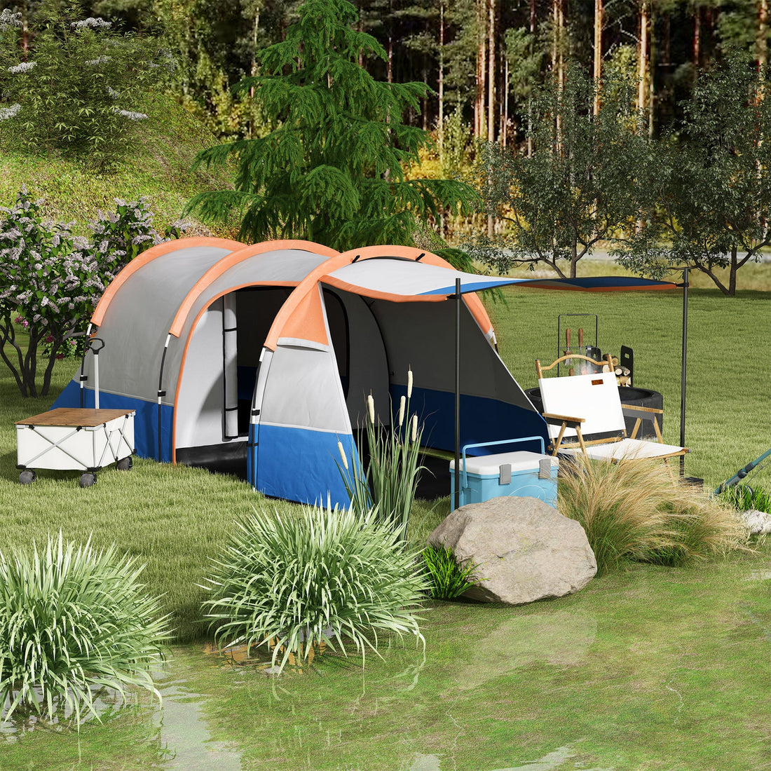 Camping Tent, Large Tunnel Tent with Bedroom and Living Area, 2000mm Waterproof, Portable with Bag for 2-3 Man, Orange