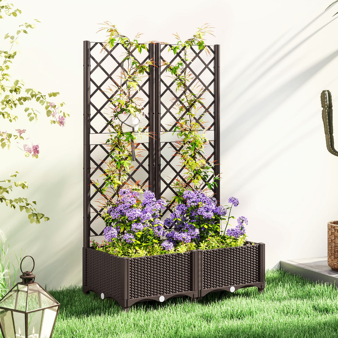 Raised Garden Bed with Trellis, Plastic Planter Box with Drainage Holes and Drain Plugs for Climbing Plants, Vegetables, Flowers, Brown