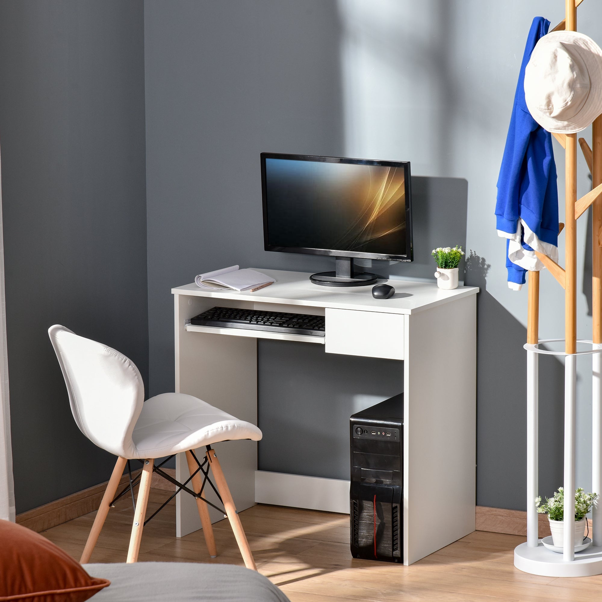 80cm Compact Computer Desk with Keyboard Tray, Home Office Desk with Drawer for Bedroom Study, White