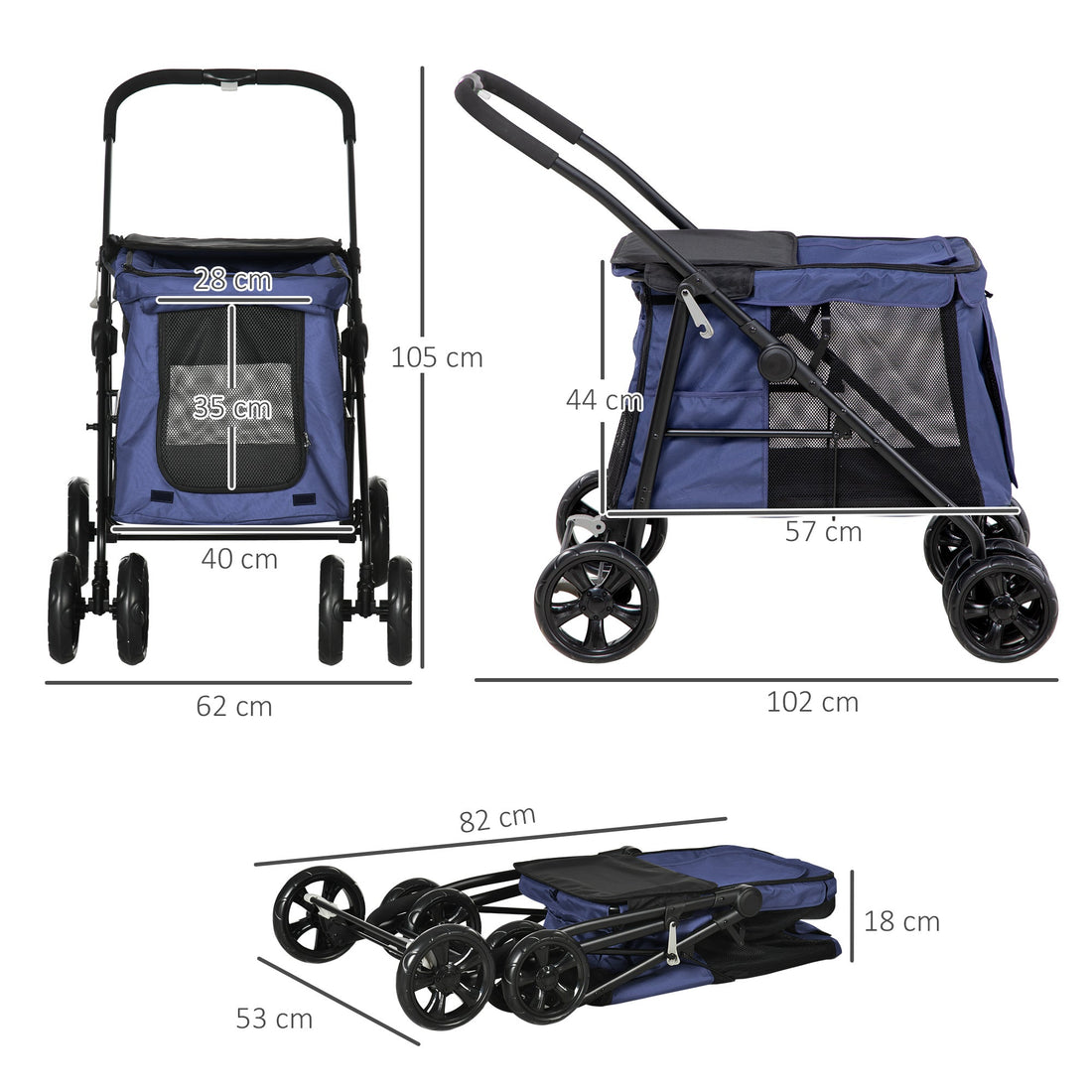 Dog Pram Dog Stroller 4 Wheels Pet Pushchair with Rolling Door, Cushion, Safety Leashes, for Small and Medium Dogs, Dark Blue