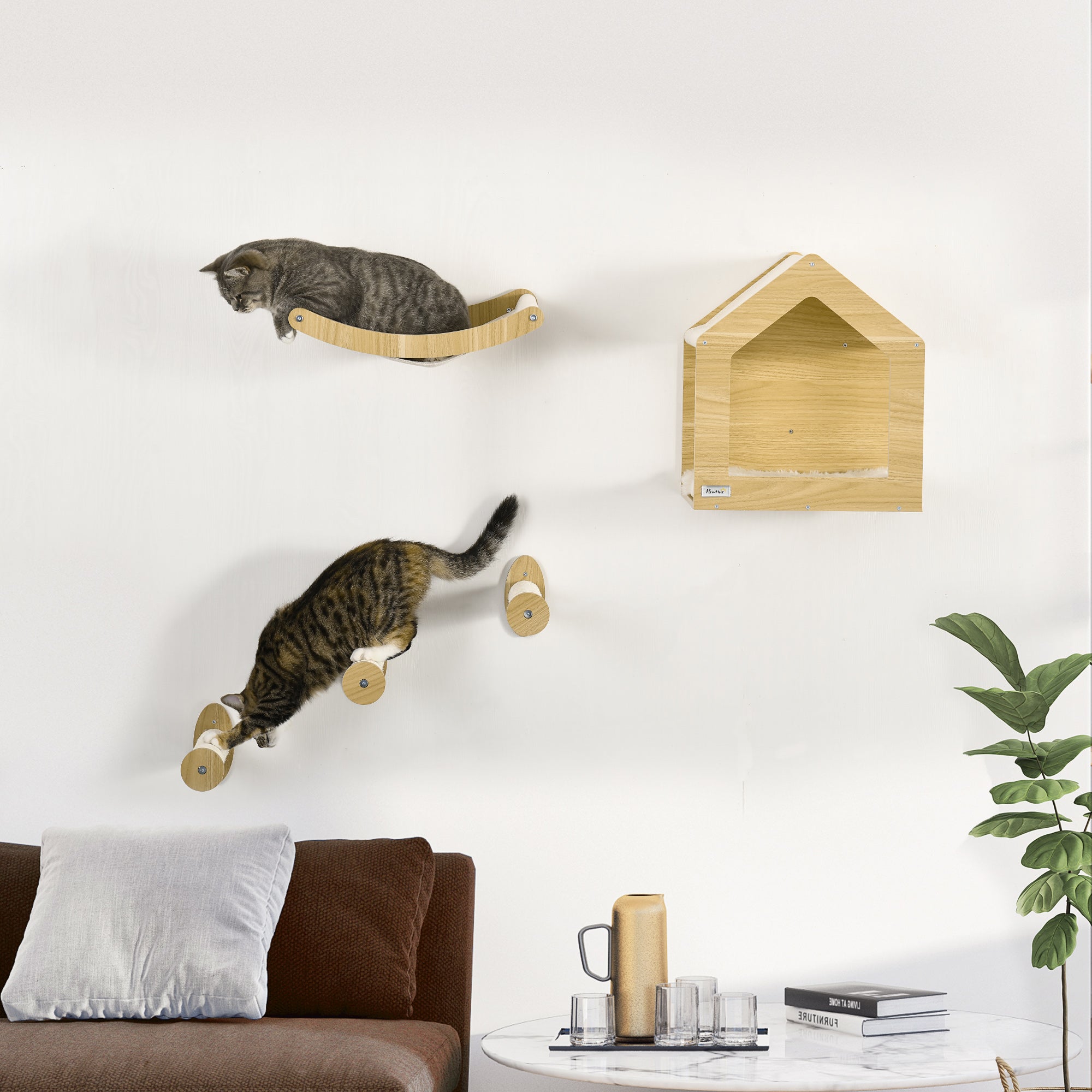 Wall Mounted Cat Shelves, with House, Hammock, Scratching Post - Oak Tone