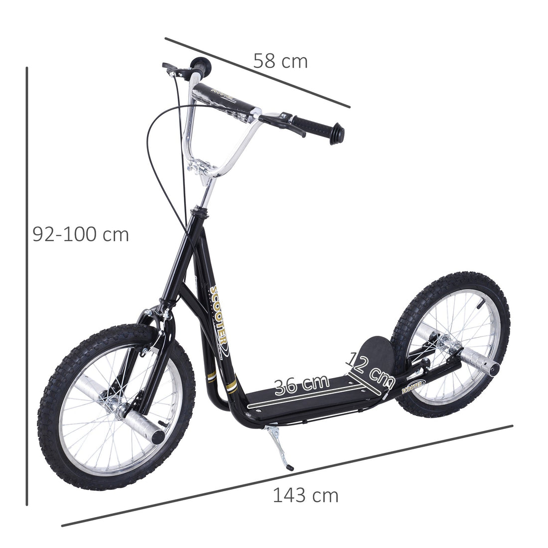 Stunt Scooter, Kids Scooter with 16" Big Wheels, Adjustable Height, Dual Brakes, for Ages 5+ Years, Black
