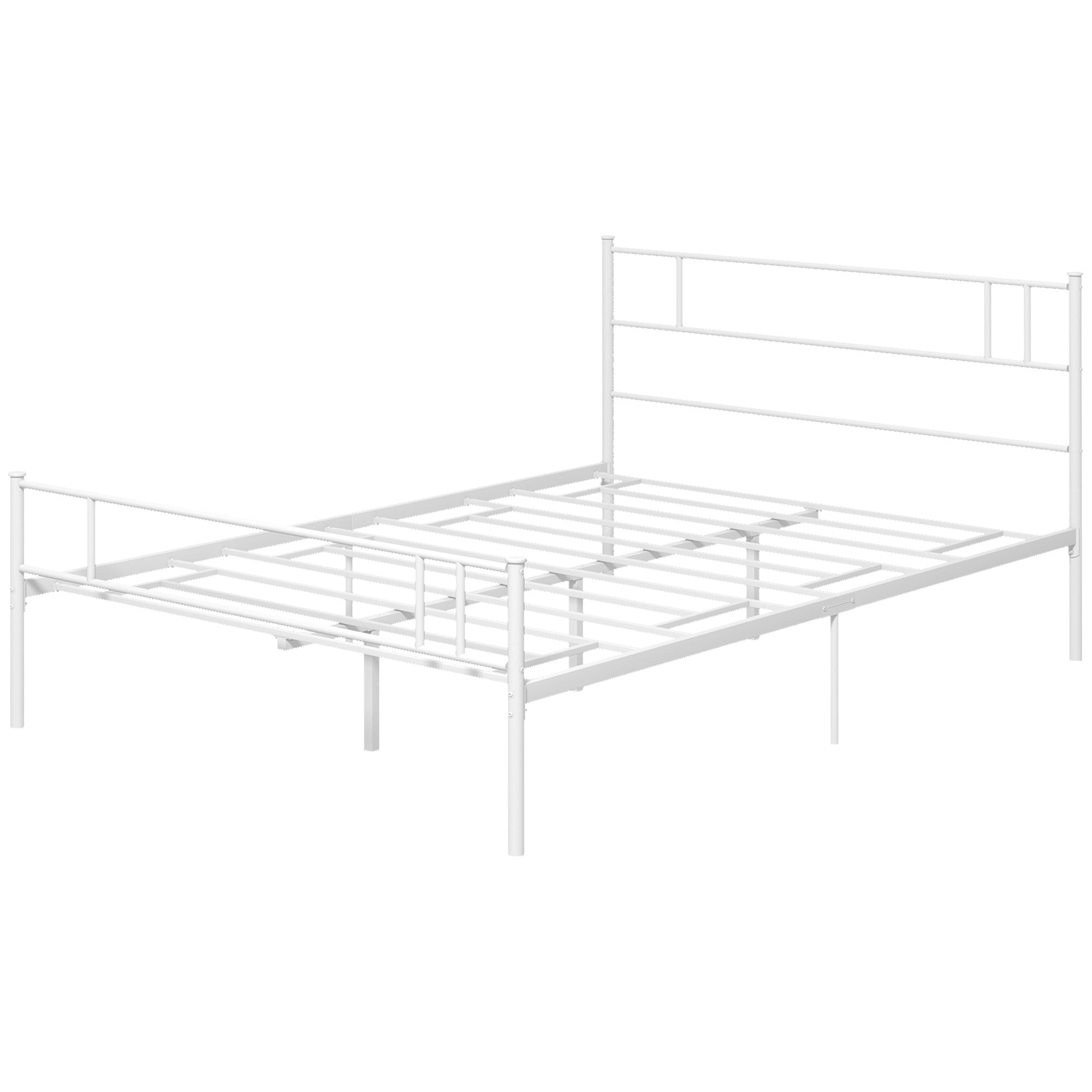 Double Metal Bed Frame Solid Bedstead Base with Headboard and Footboard, Metal Slat Support and Underbed Storage Space, Bedroom Furniture, White