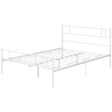 Double Metal Bed Frame Solid Bedstead Base with Headboard and Footboard, Metal Slat Support and Underbed Storage Space, Bedroom Furniture, White