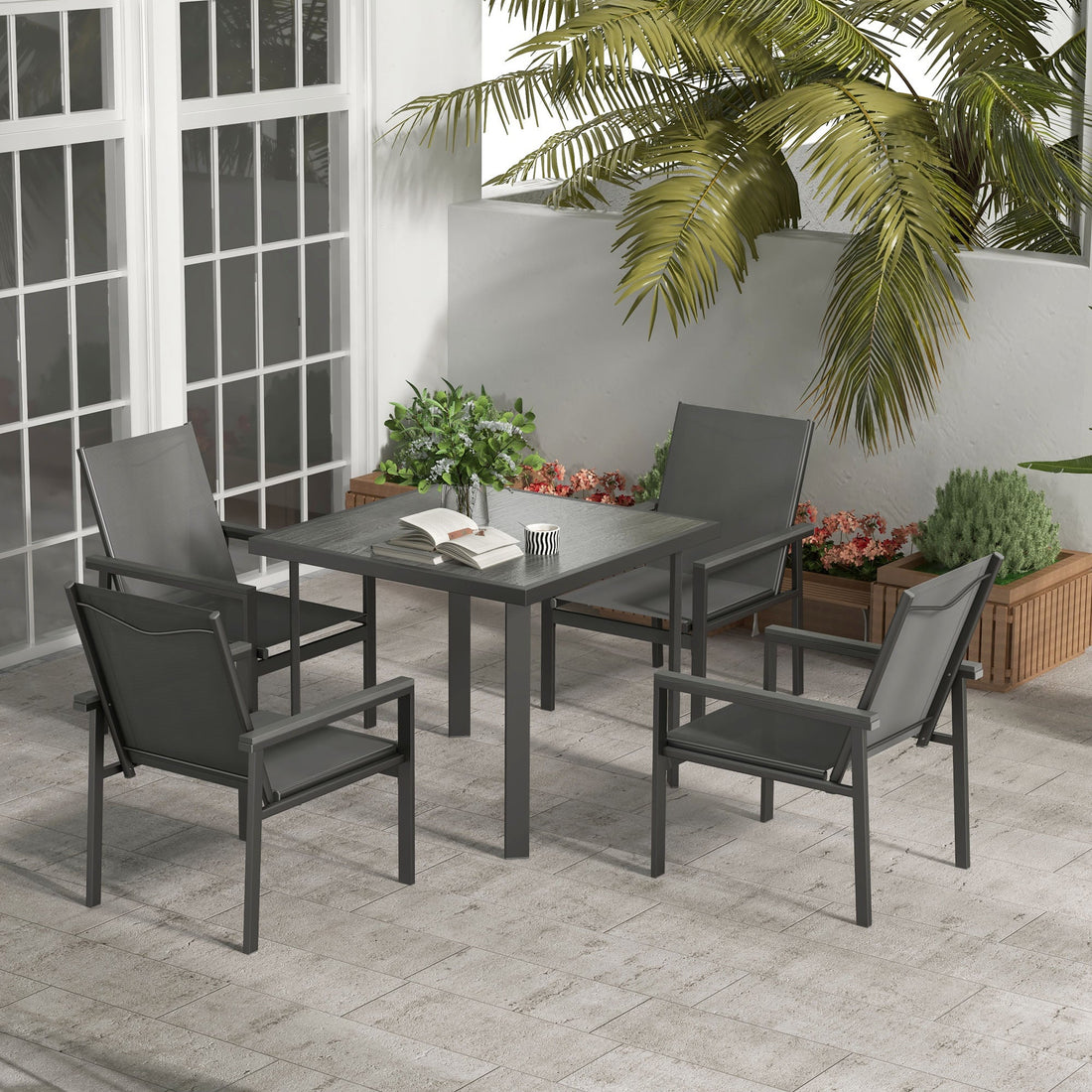 Five-Piece Metal Dining Set, with Glass-Top Table - Grey