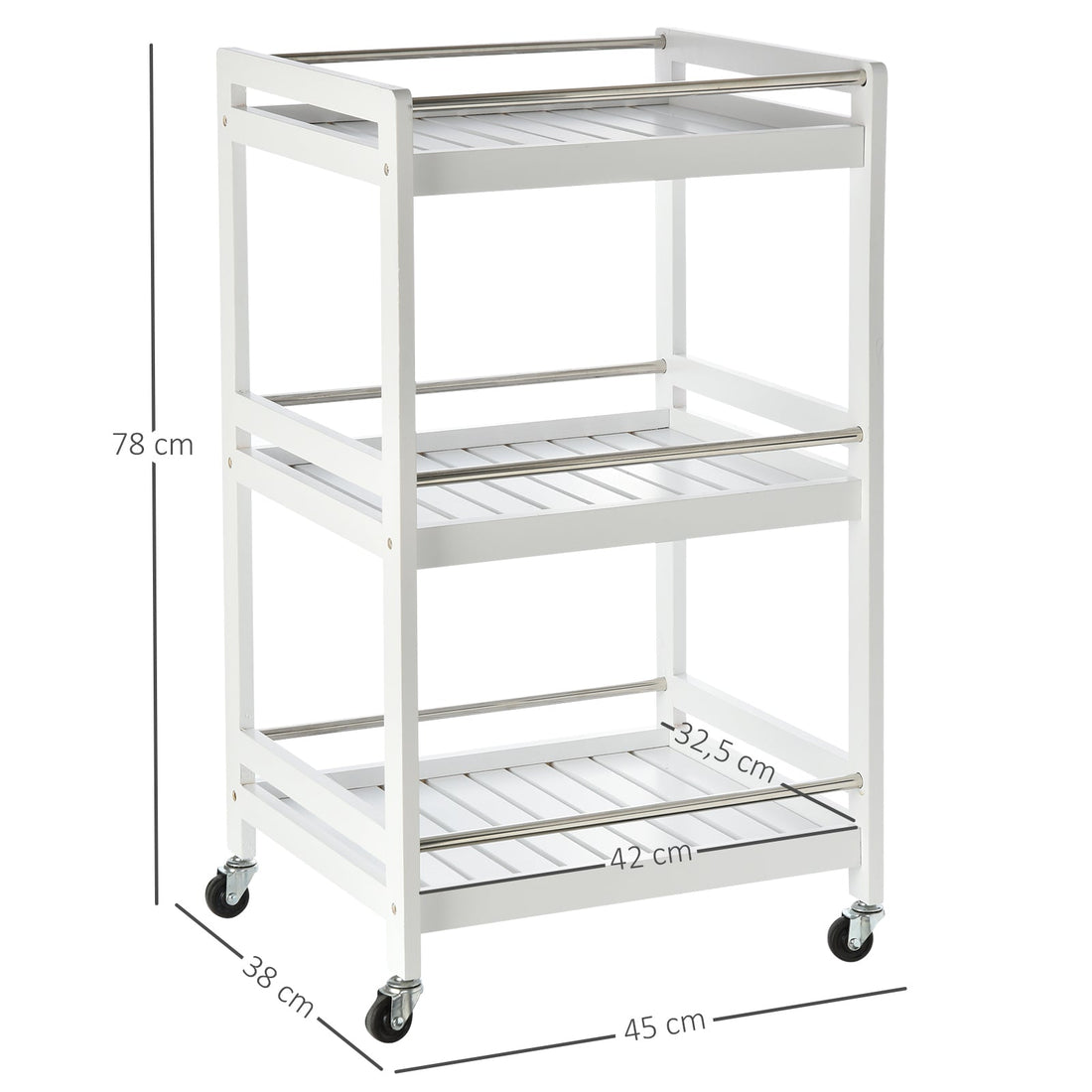 HOMCOM 3-Tier Home Trolley Kitchen Storage w/ Steel Bars 4 Wheels Rolling Unit Organiser Living Room White