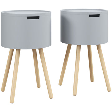 Modern Side Table with Hidden Storage Space, Round Night Stand with Removable Tray Wood Frame End Coffee Table for Living Room, Set of 2, Grey