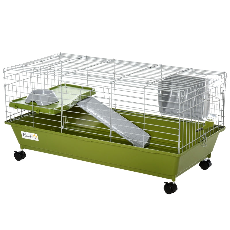 Small Animal Cage Rabbit Guinea Pigs Chinchillas Cage w/ Wheels Water Bottle Food Dish Platform Ramp 89 x 44 x 43 cm Green