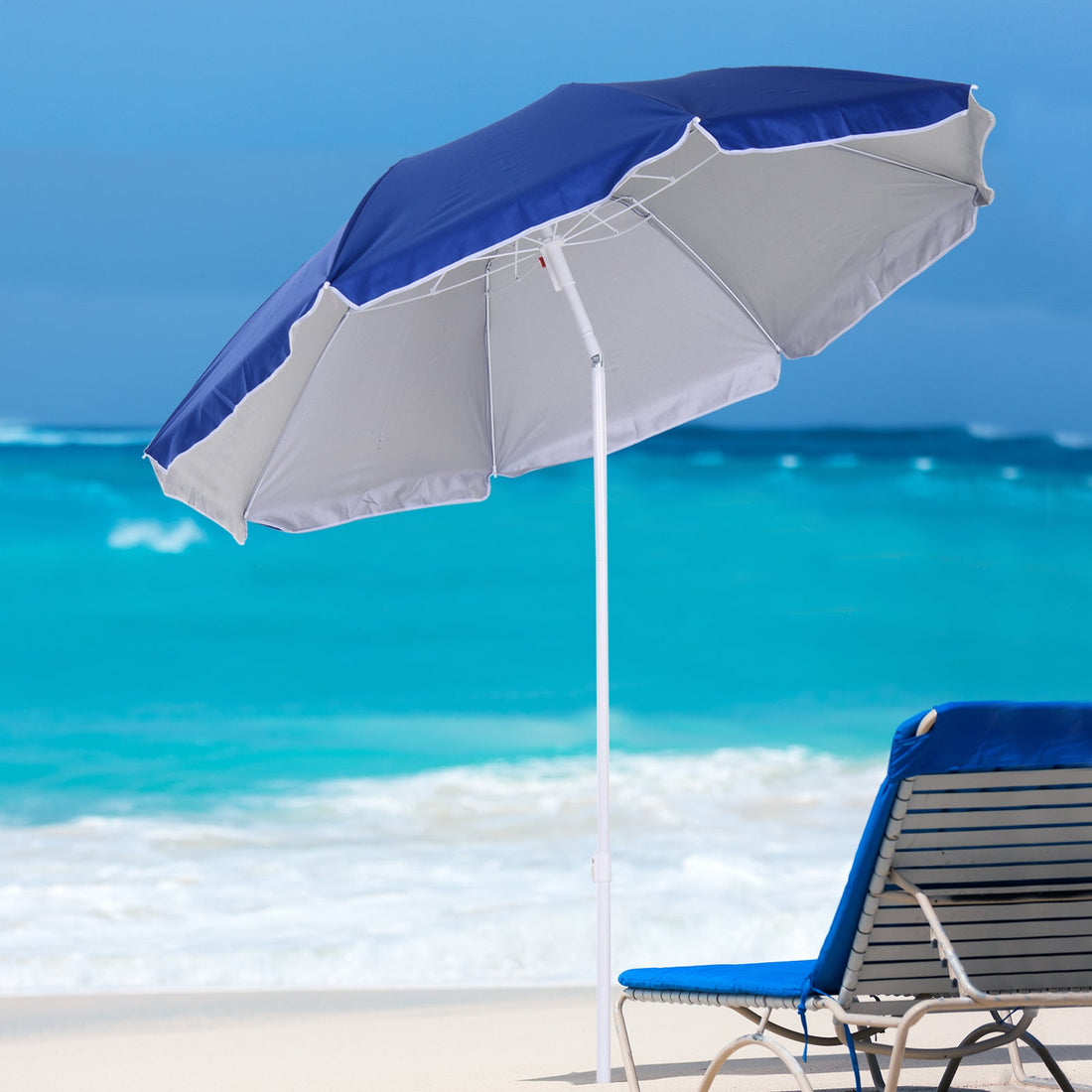 1.7m Beach Umbrella, Portable Parasol with Tilting Function, Carry Bag, Outdoor Sunshade Shelter with 8 Ribs, Blue