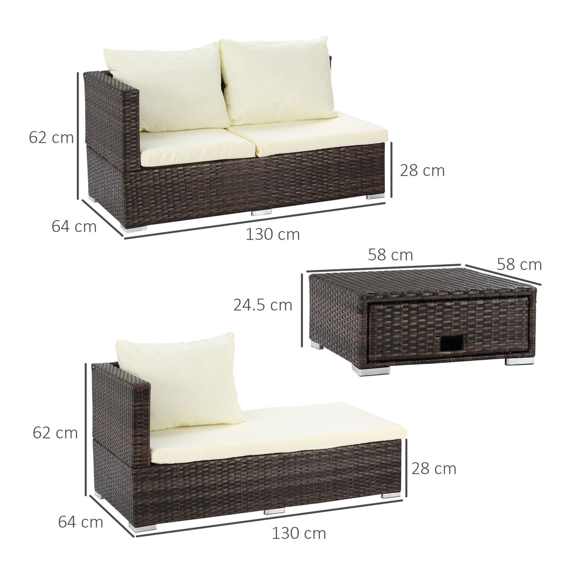3 Pieces Rattan Garden Furniture Sofa Set, 4 Seater Garden Corner Sofa with 5-Level Reclining Sun Lounger and Storage Coffee Table, Outdoor Furniture Conservatory Set with Cushions, Brown