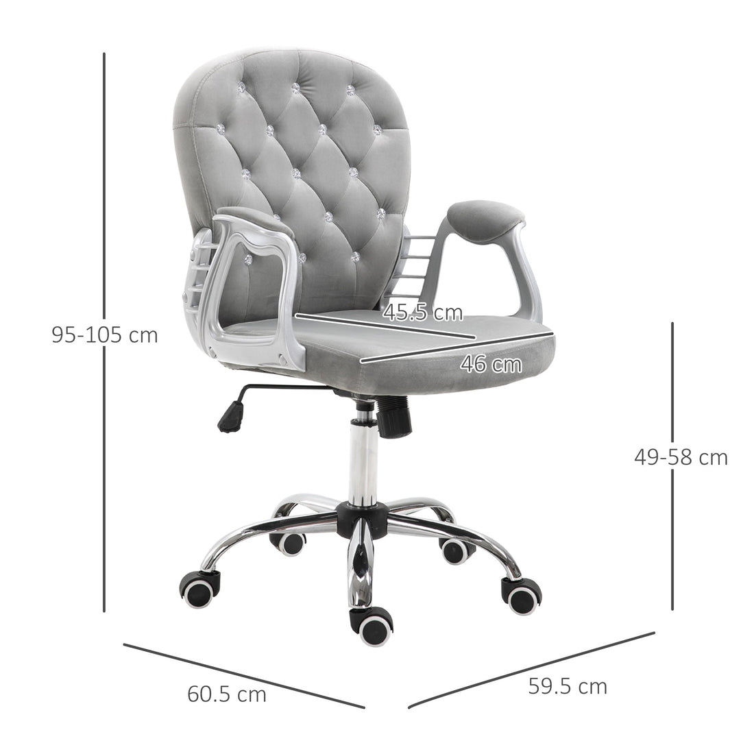 Office Chair, Swivel Desk Chair, Velvet Vanity Chair with Adjustable Height and Rolling Wheels for Home Work Study, Grey