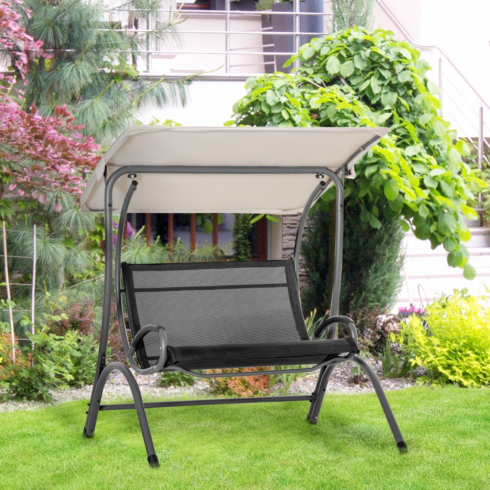 2 Seater Garden Swing Seat Double Bed Swing Chair Outdoor Hammock Bench w/ Adjustable Tilting Canopy, Texteline Seats and Steel Frame, Beige