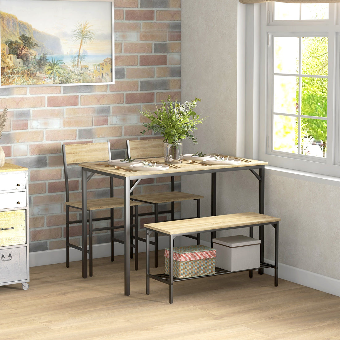 Square Dining Set for 4 Persons, Table, Chairs and Bench Included, Natural Wood Effect