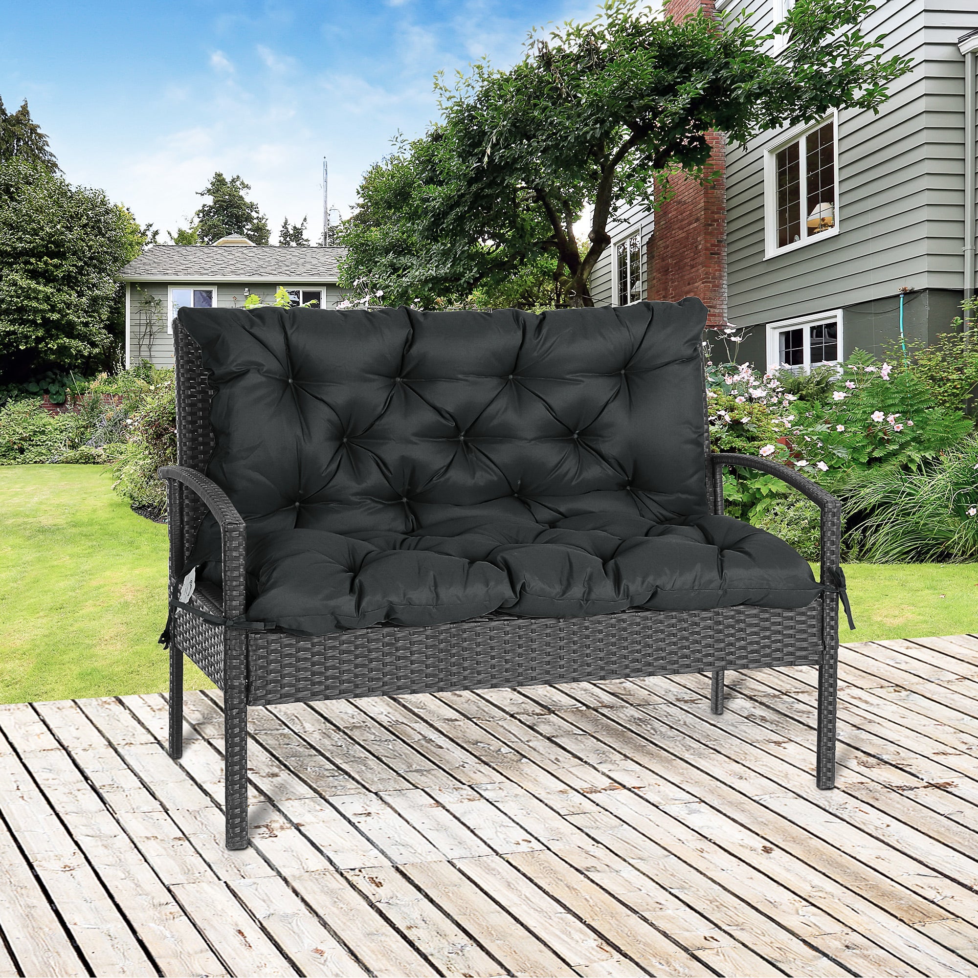 2 Seater Bench Pad, Garden Chair Cushion with Back and Ties for Indoor and Outdoor Use, 98 x 100 cm, Black