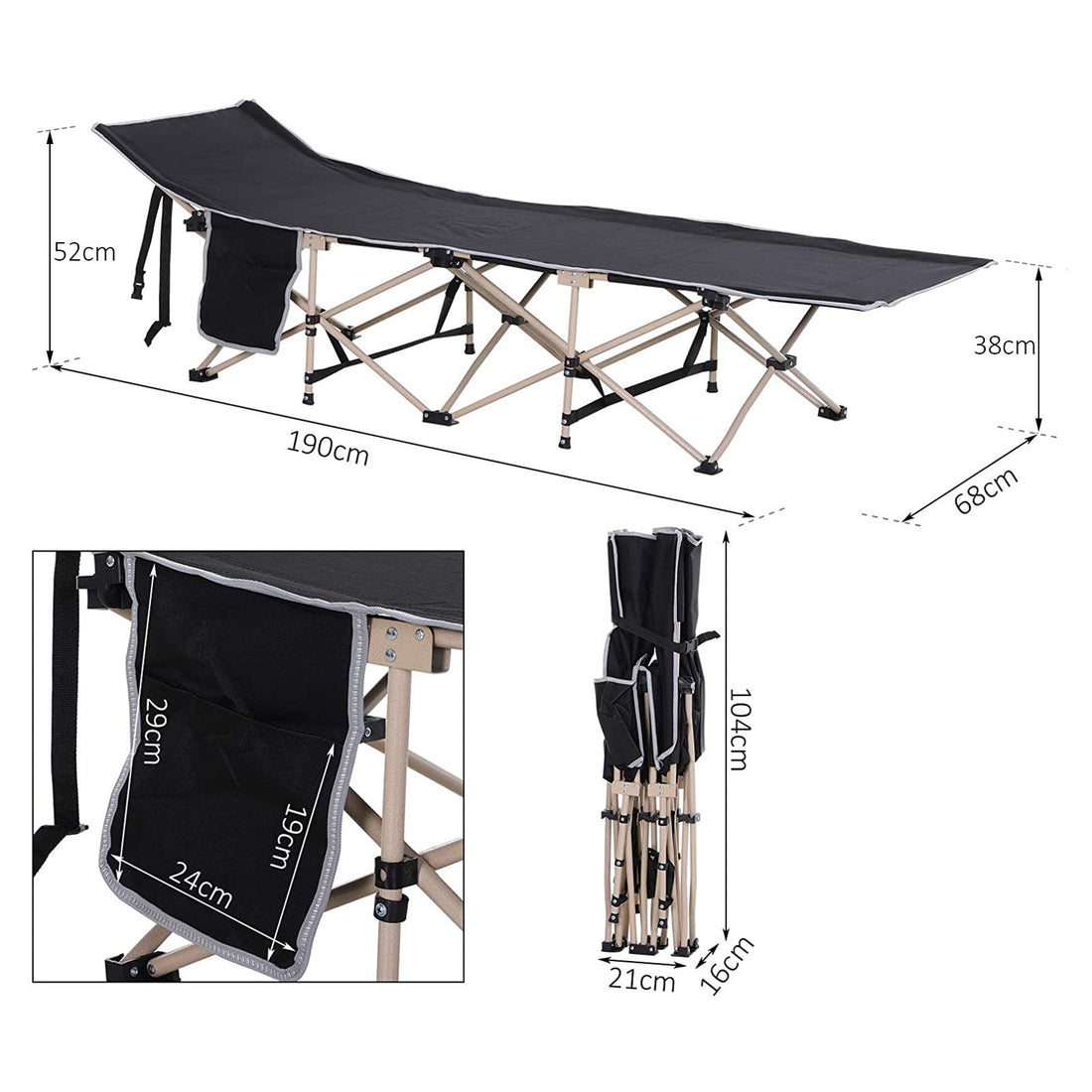 Single Person Camping Bed Folding Cot Outdoor Patio Portable Military Sleeping Bed Travel Guest Leisure Fishing with Side Pocket and Carry Bag - Black