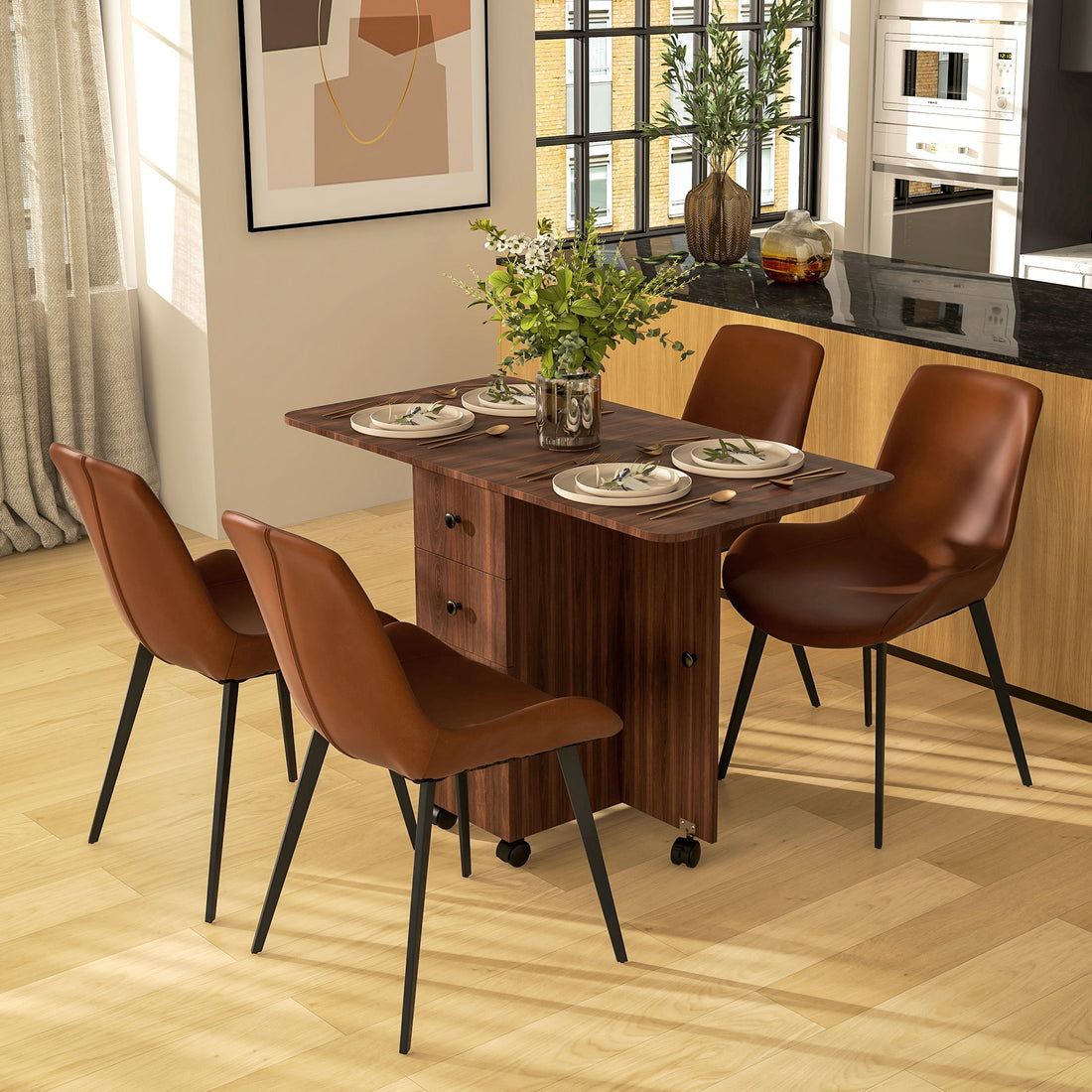 Multi-Storage Six-Person Drop Leaf Dining Table - Distressed Brown