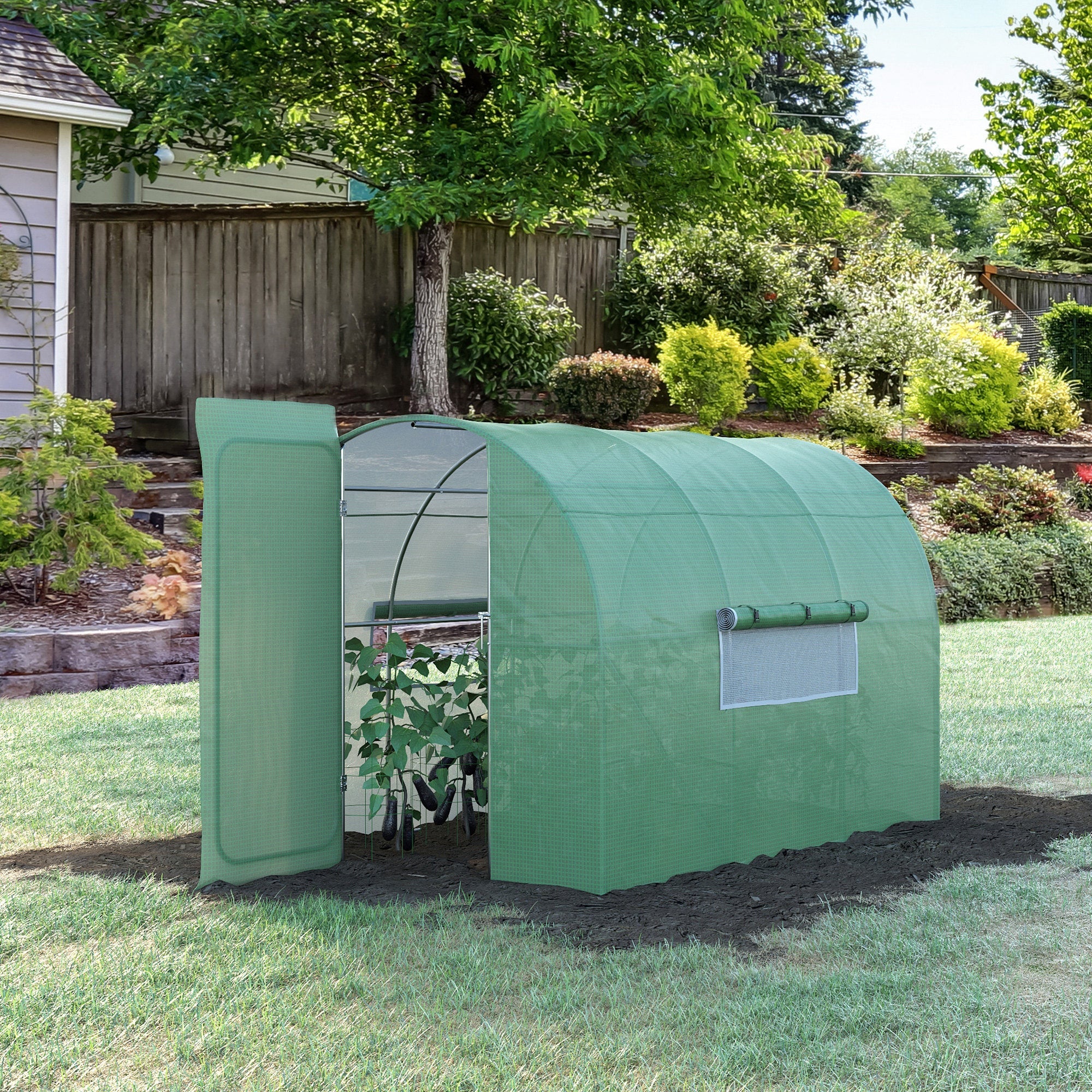 Large Polytunnel Walk In Greenhouse, Plant Gardening Tunnel Green House with Metal Hinged Door, Galvanised Steel Frame & Mesh Windows, Green (3 x 2 m)