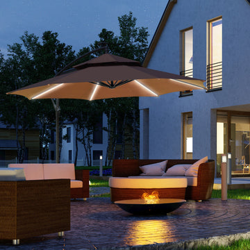 3(m) Cantilever Banana Parasol Hanging Umbrella with Double Roof, LED Solar lights, Crank, 8 Sturdy Ribs and Cross Base for Outdoor, Garden, Patio, Coffee