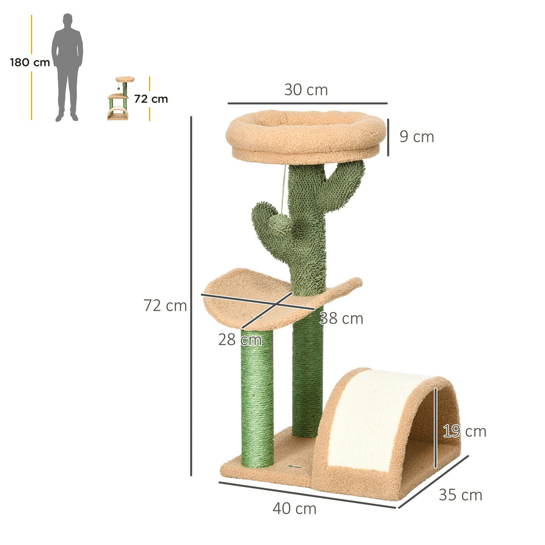 72cm Cat Tree, with Top Bed, Curved Pad, Sisal Scratching Post - Beige & Green