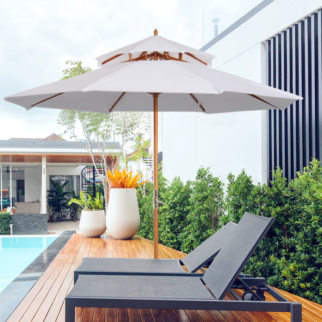 2.7m Elegant Wooden Frame Parasol Umbrella - Cream White
