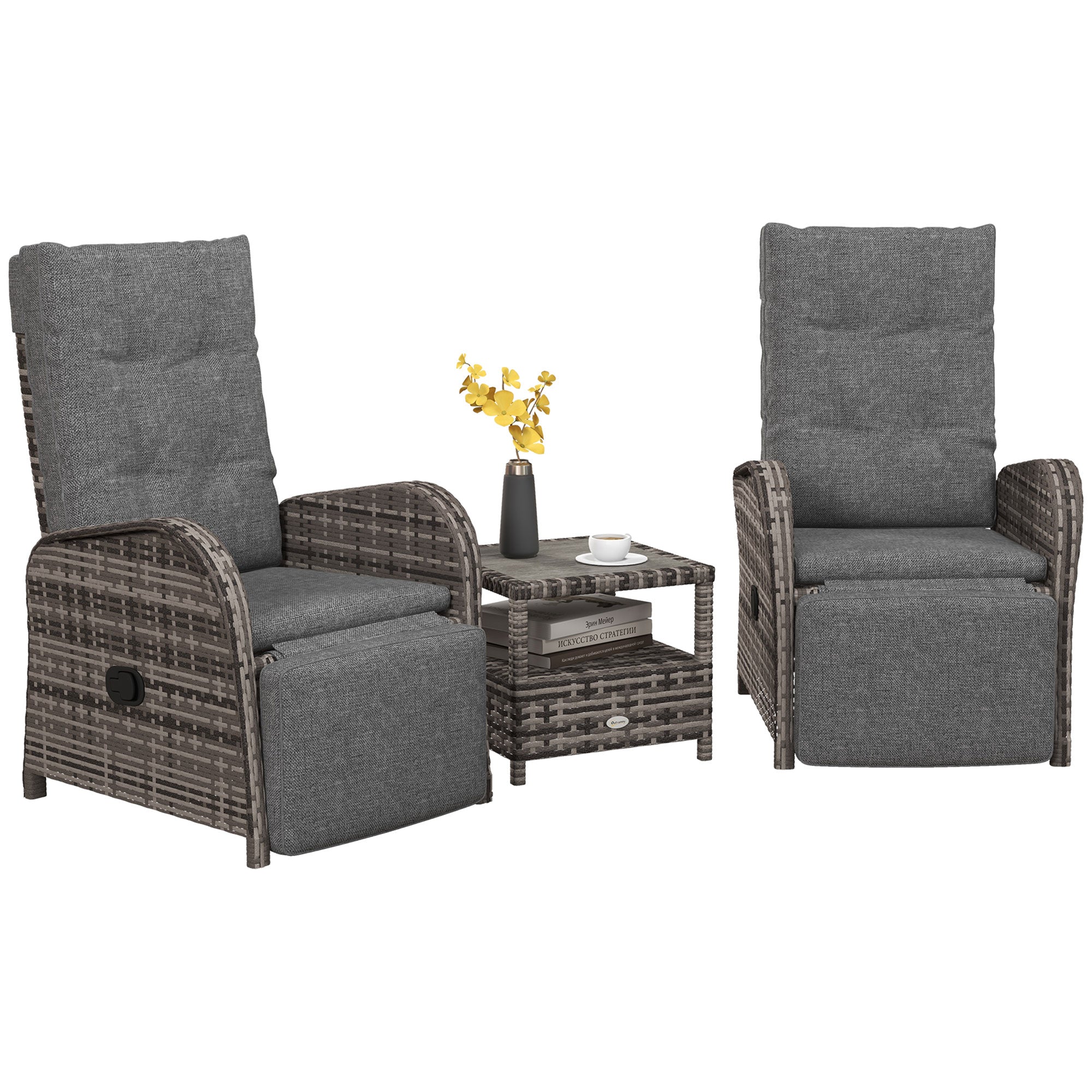 2 Seater Patio Rattan Chaise Lounge Sofa Set with Fabric Cushion, Grey and Brown