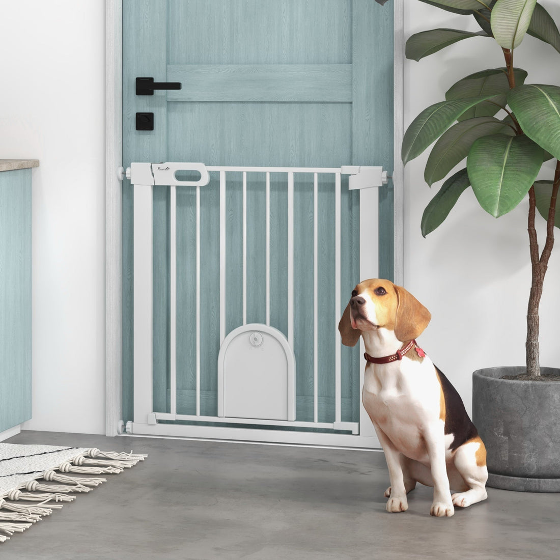 75-82cm Pet Safet Gaye, Pressure Fit Stair, with Cat Flap, Double Locking, White