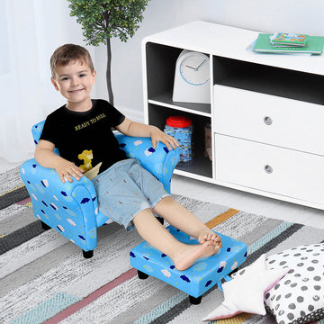Toddler Chair Children's Armchairs Wood Frame w/ Footrest Anti-Slip Legs High Back Arms for Bedroom Playroom Cute Cloud Star Blue