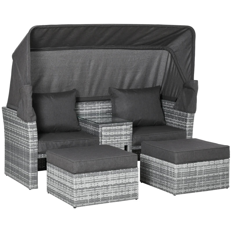 2-Seater Outdoor Rattan Daybed Sofa Footstool Coffee Table Set w/ Canopy, Cushion