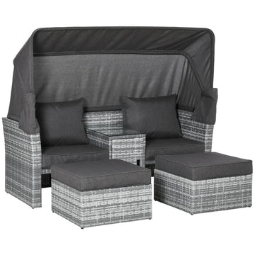 2-Seater Outdoor Rattan Daybed Sofa Footstool Coffee Table Set w/ Canopy, Cushion