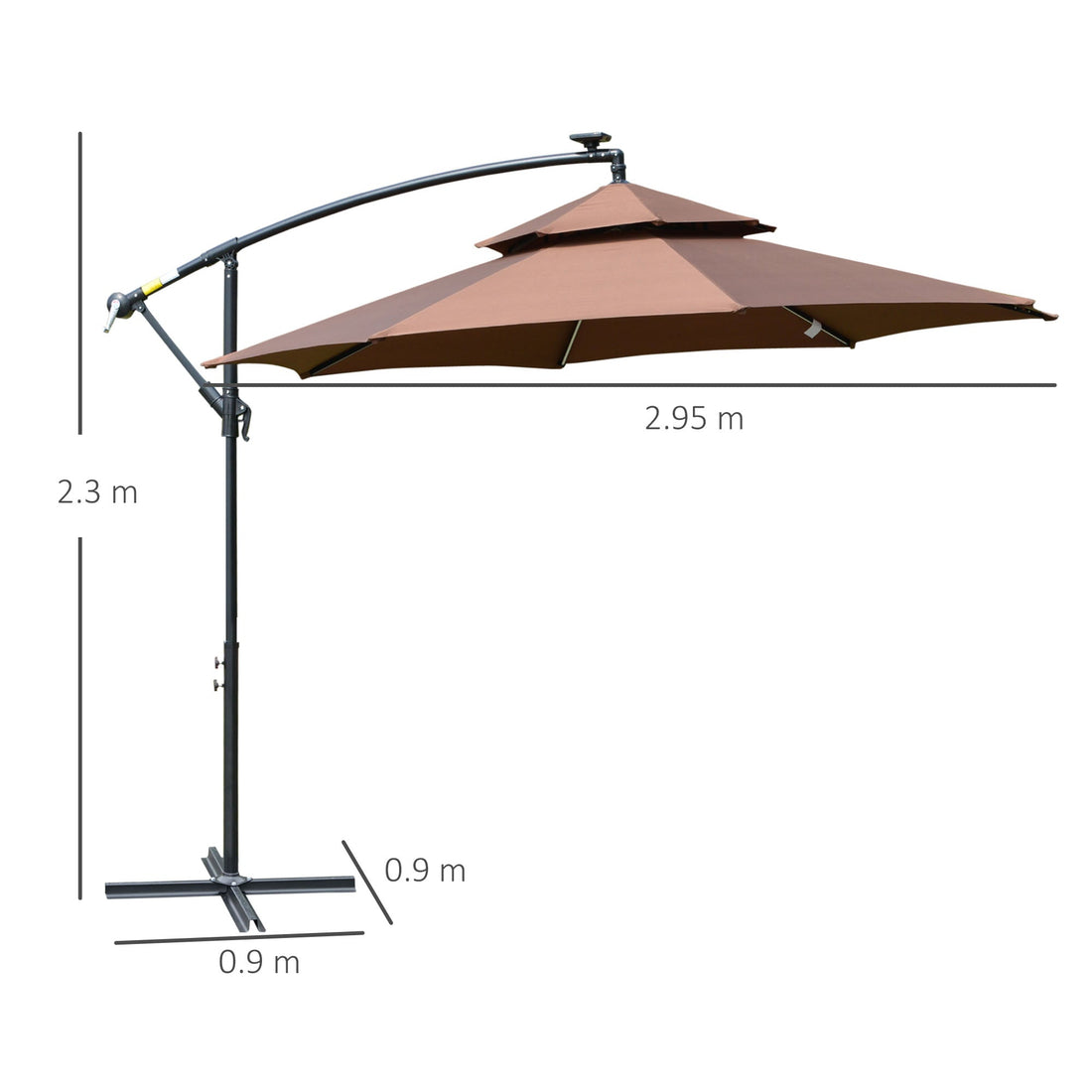 3(m) Cantilever Banana Parasol Hanging Umbrella with Double Roof, LED Solar lights, Crank, 8 Sturdy Ribs and Cross Base for Outdoor, Garden, Patio, Coffee
