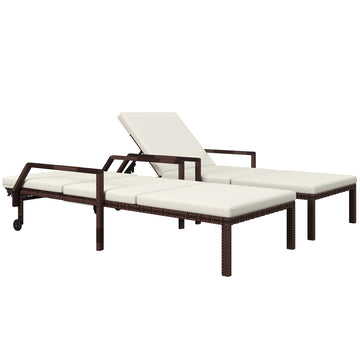 Outdoor PE Rattan Sun Lounger Set of 2, Wicker Chaise Recliner Garden Chair with 5-Level Adjustable Backrest and 2 Wheels, Cream White