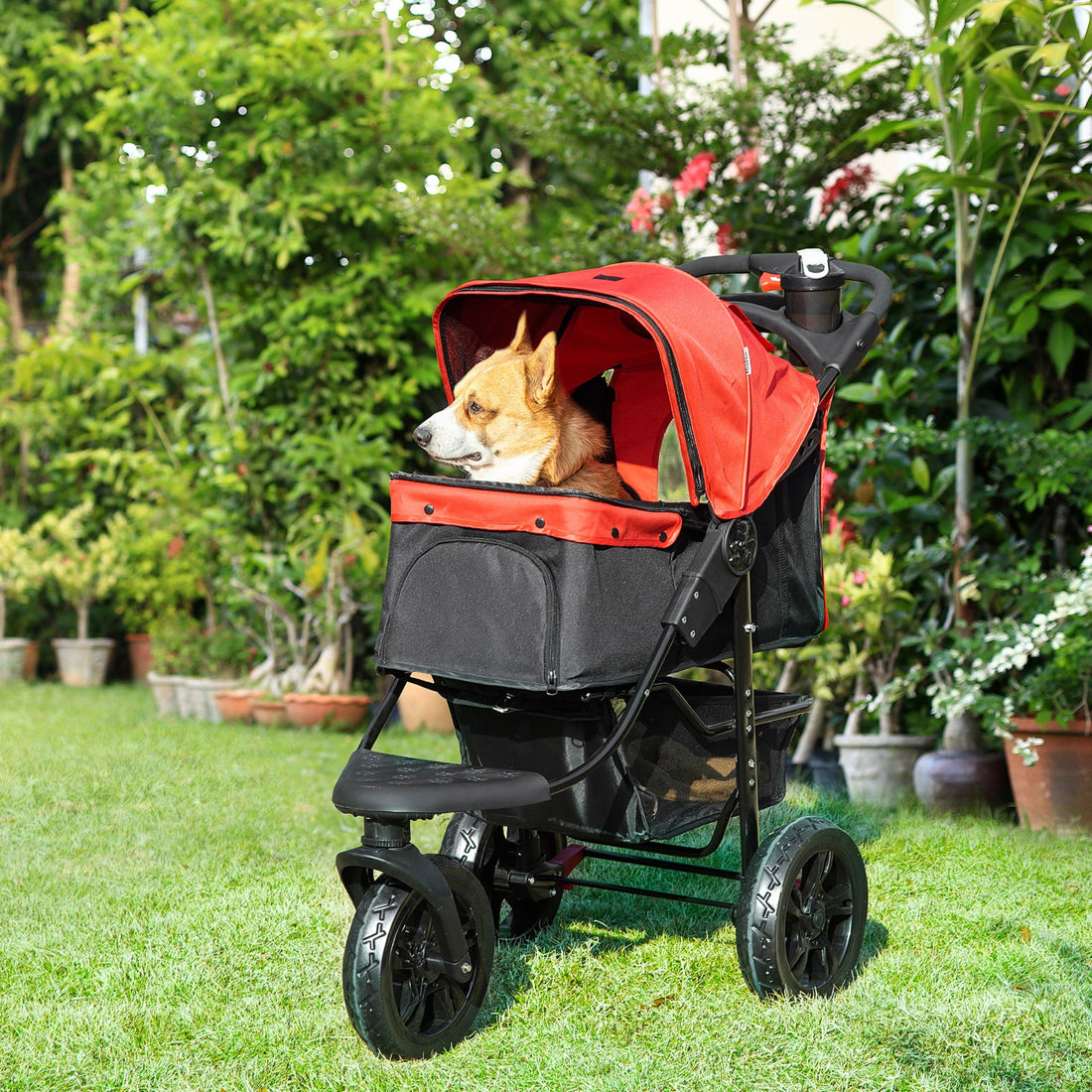 Dog Pram Dog Stroller Pet Stroller, 3 Wheels Dog Pushchair with Brake, for Small Miniature Dogs, Cats, Red