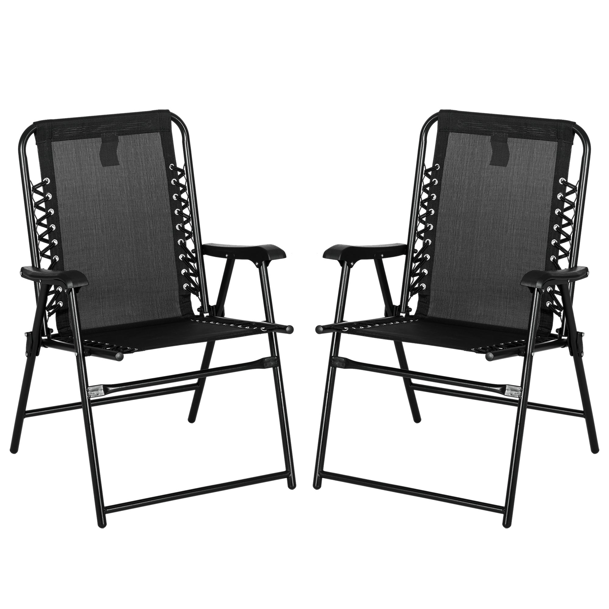 2 Pcs Patio Folding Chair Set, Outdoor Portable Loungers for Camping Pool Beach Deck, Lawn w/ Armrest Steel Frame Black