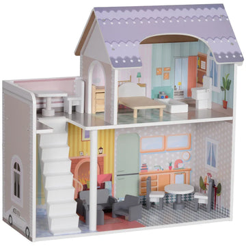 2 Levels Dolls House with 13 Furniture Pieces, Play Set with Balcony, for Ages 3-6 Years, Multicoloured