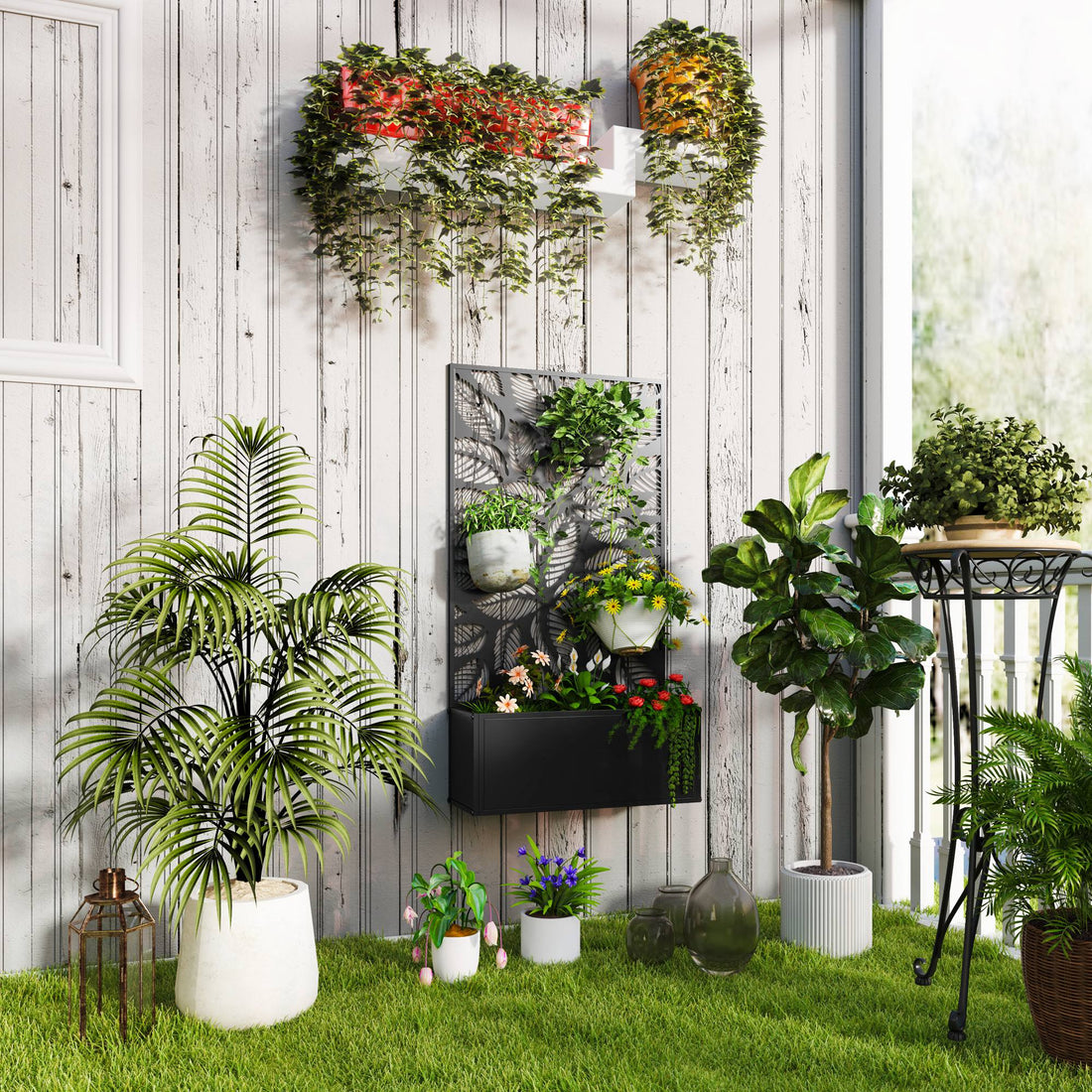 Outdoor Metal Planter, with Back Trellis - Black