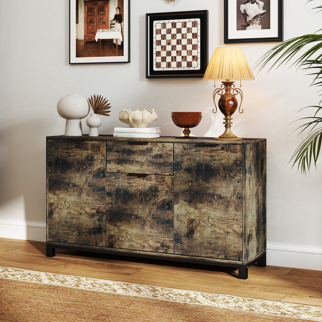 Sideboard, Industrial Storage Cabinet with Doors, Drawer, Cupboard and Adjustable Shelves for Living Room, Dining Room, Hallway, Rustic Brown