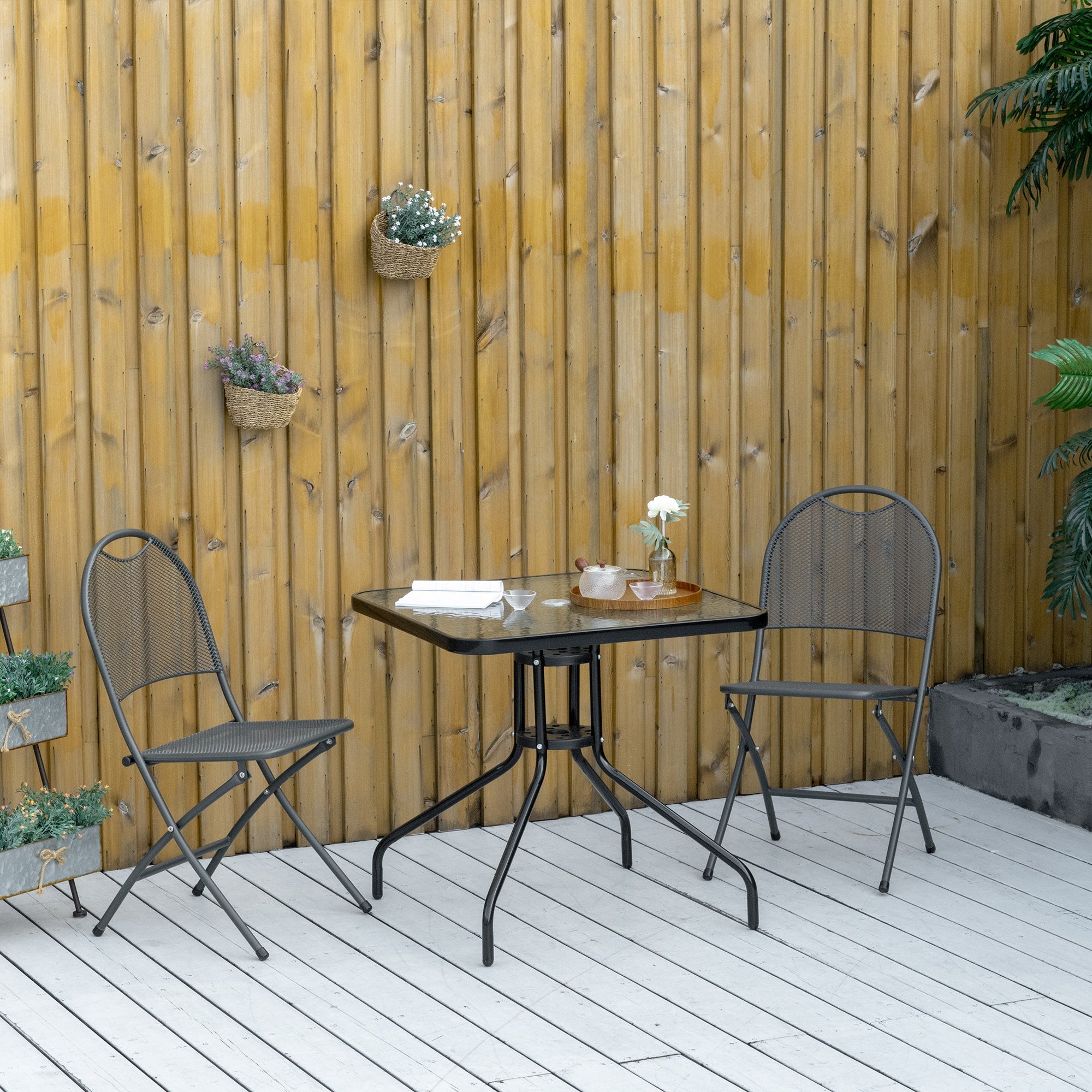 Square Garden Dining Table with Tempered Glass Top & Umbrella Hole, 76 x 76 cm