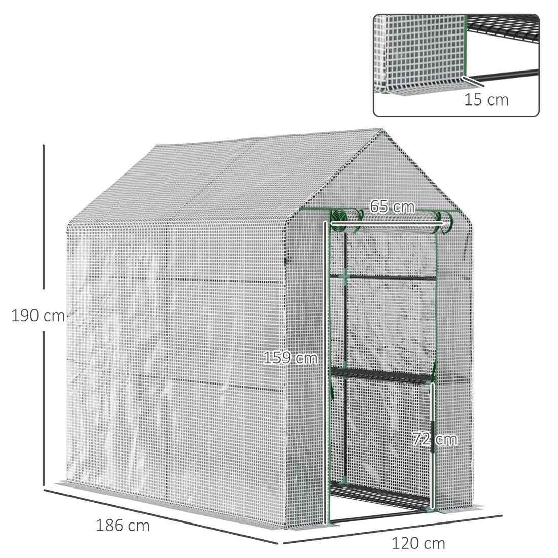Walk In Greenhouse with 2-Tier Shelves, Roll up Zip Panel Door, Garden Polytunnel Steeple Grow House for Outdoor, 6 x 4 x 6ft White