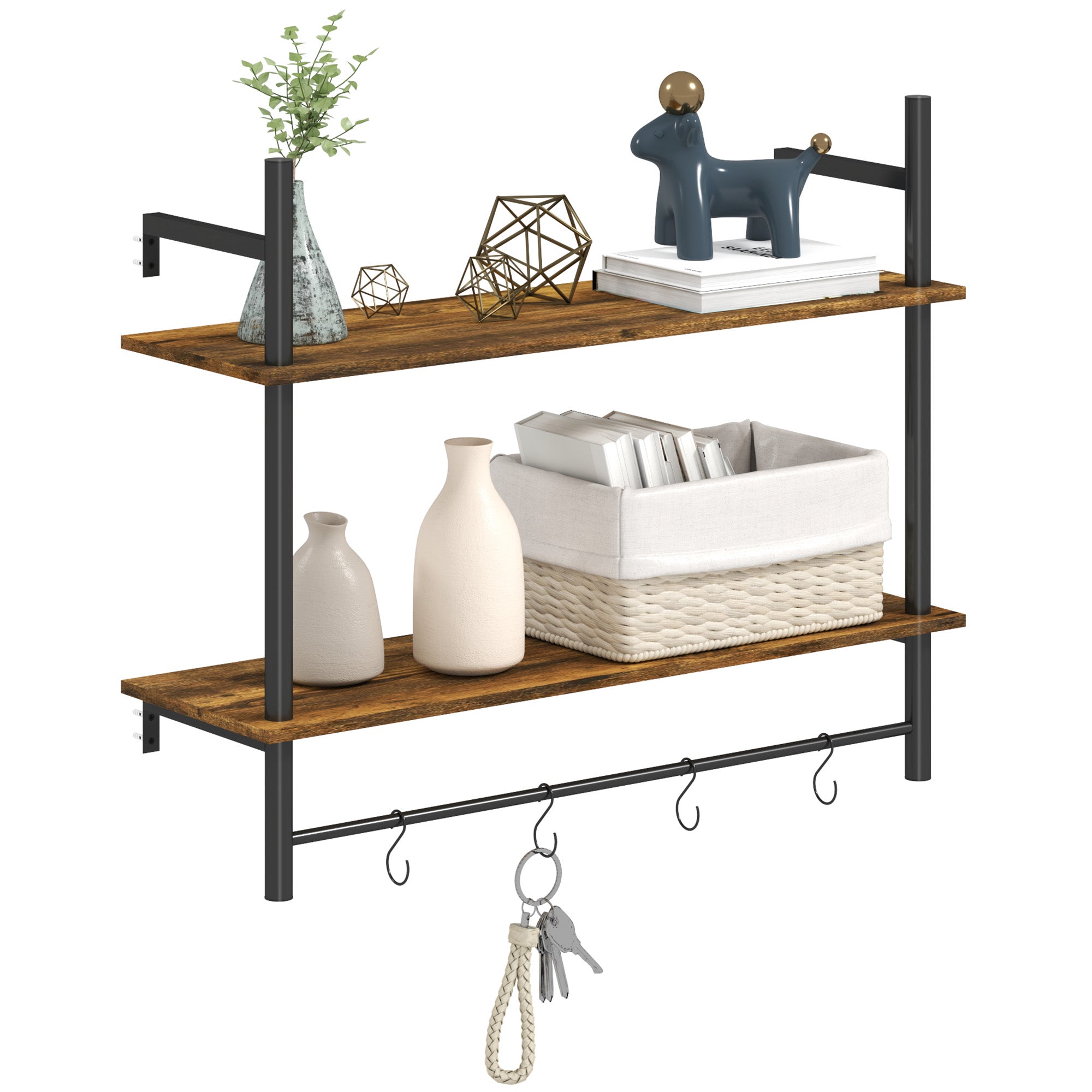 Wall Mounted Floating Shelves with 4 Hooks, Rustic Wall Shelf Unit for Living Room, Entryway, Rustic Brown