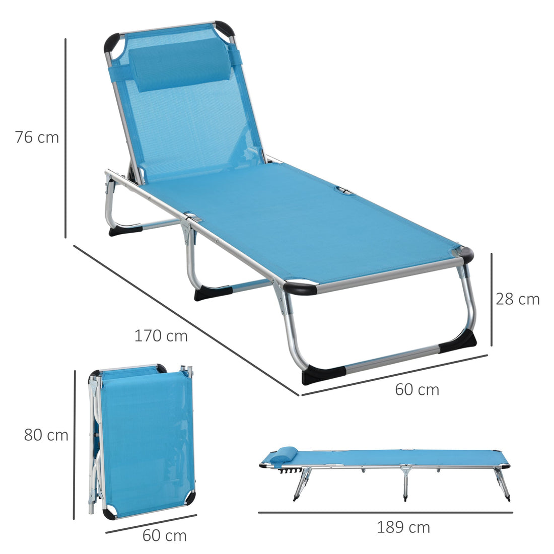 Foldable Outdoor Sun Lounger, Reclining Lounge Chair Camping Bed Cot with Pillow 4-Level Adjustable Back Aluminium Frame, Blue