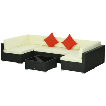 Seven-Piece Rattan Garden Set, with Glass-Top Table - Black/Beige