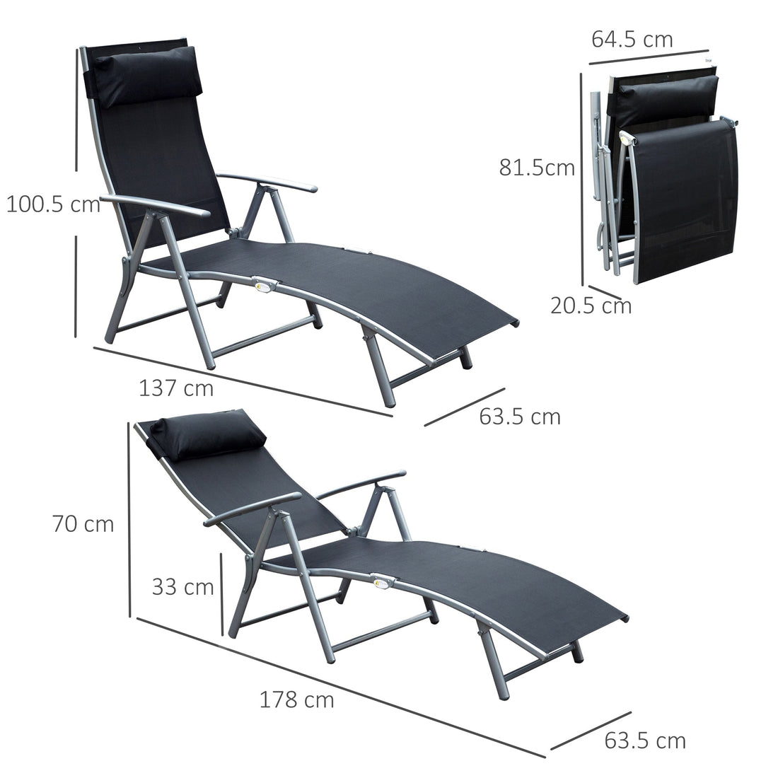 Sun Lounger Steel Frame Outdoor Folding Chaise Texteline Lounge Chair Recliner with Headrest & 7 Levels Adjustable Backrest, Black