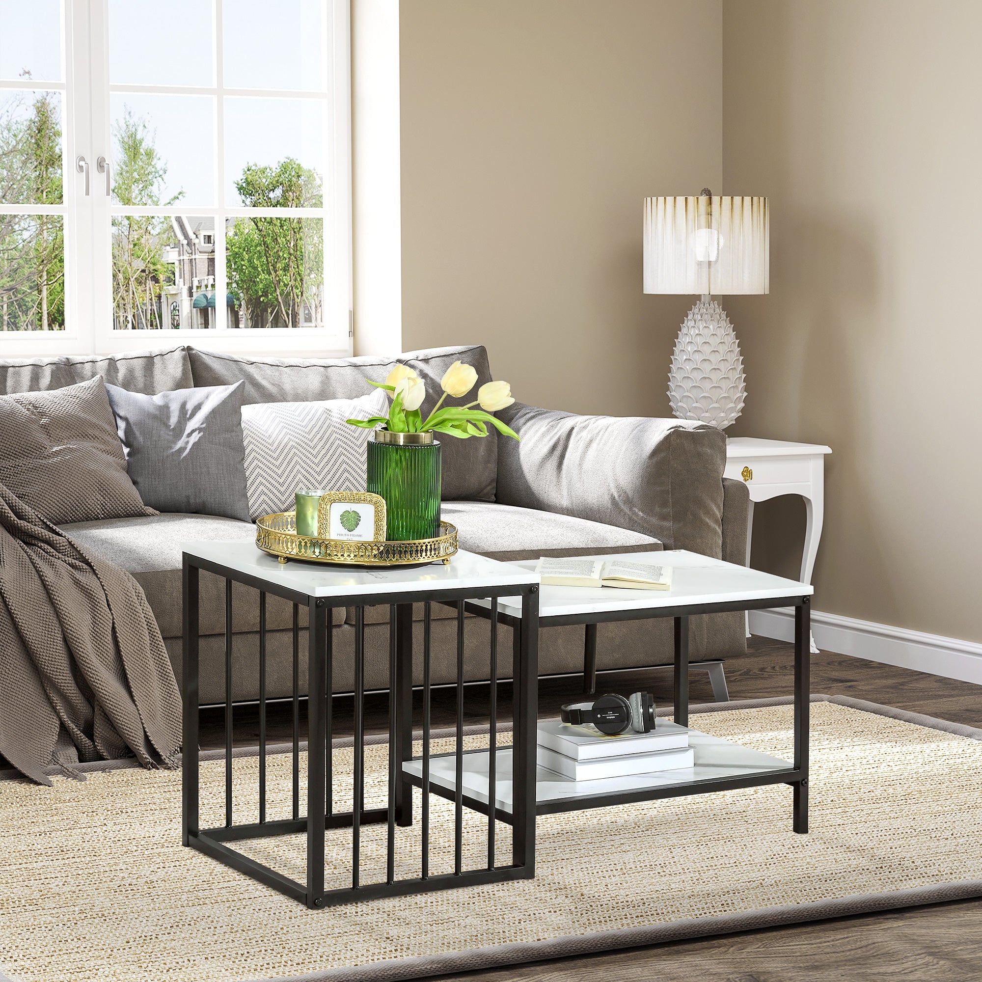 Modern Coffee Table Set of Two, Marble-Effect Nesting Side Tables with Steel Frame for Living Room, White, Black